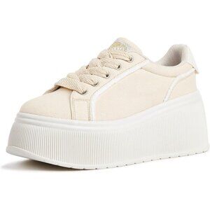 Lucky Step Women Beige Platform Low Top Classic Wedge Retro Canvas Sneakers